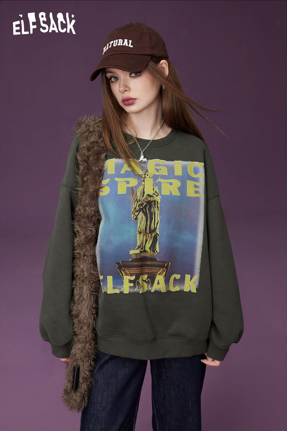 ELFSACK Fleece Pullover Women Printing Long Sleeve Sweatshirt Daily Tops