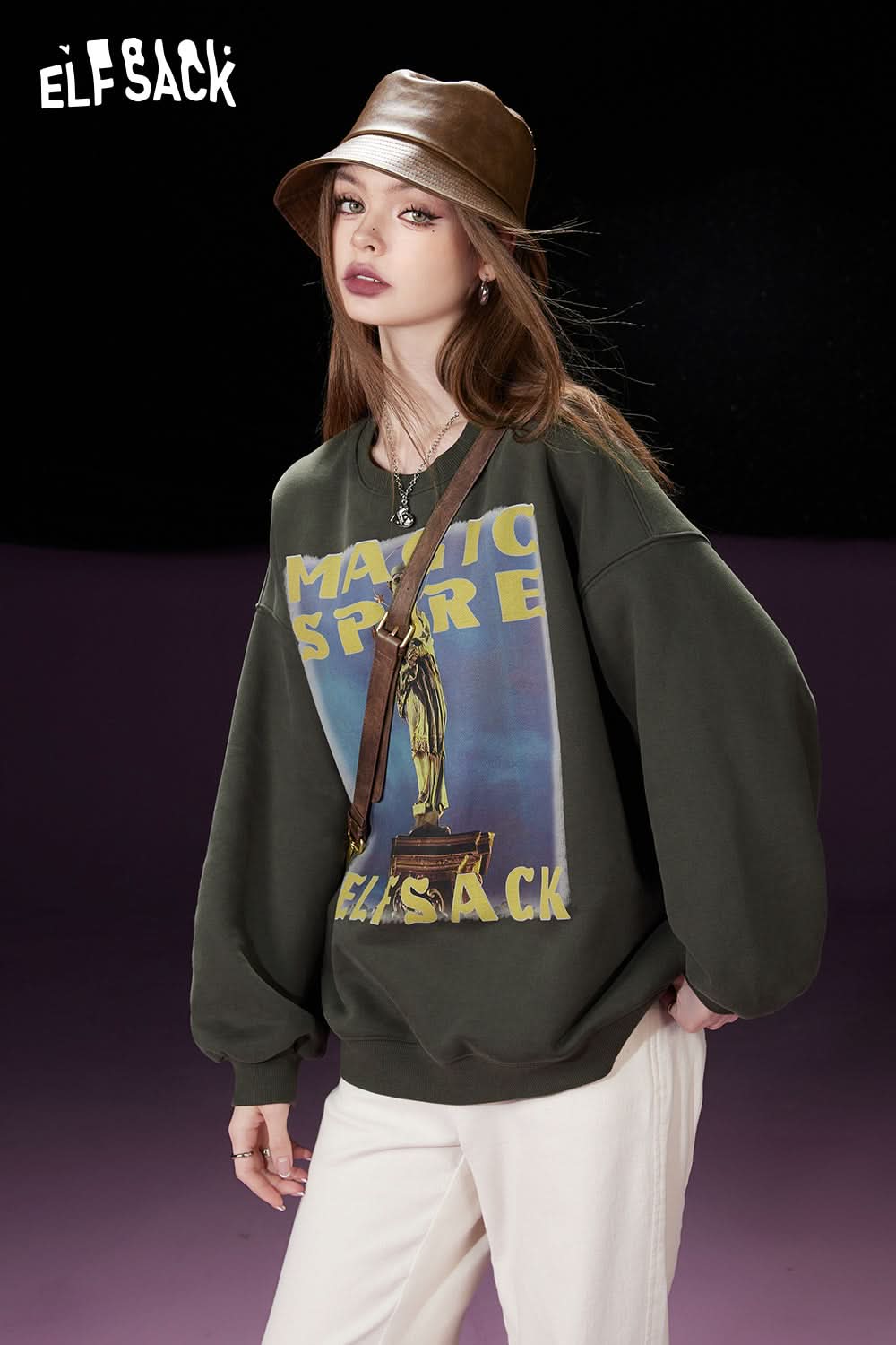 ELFSACK Fleece Pullover Women Printing Long Sleeve Sweatshirt Daily Tops