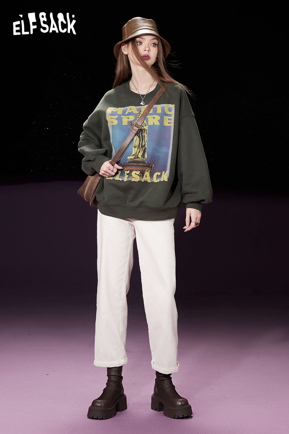 ELFSACK Fleece Pullover Women Printing Long Sleeve Sweatshirt Daily Tops