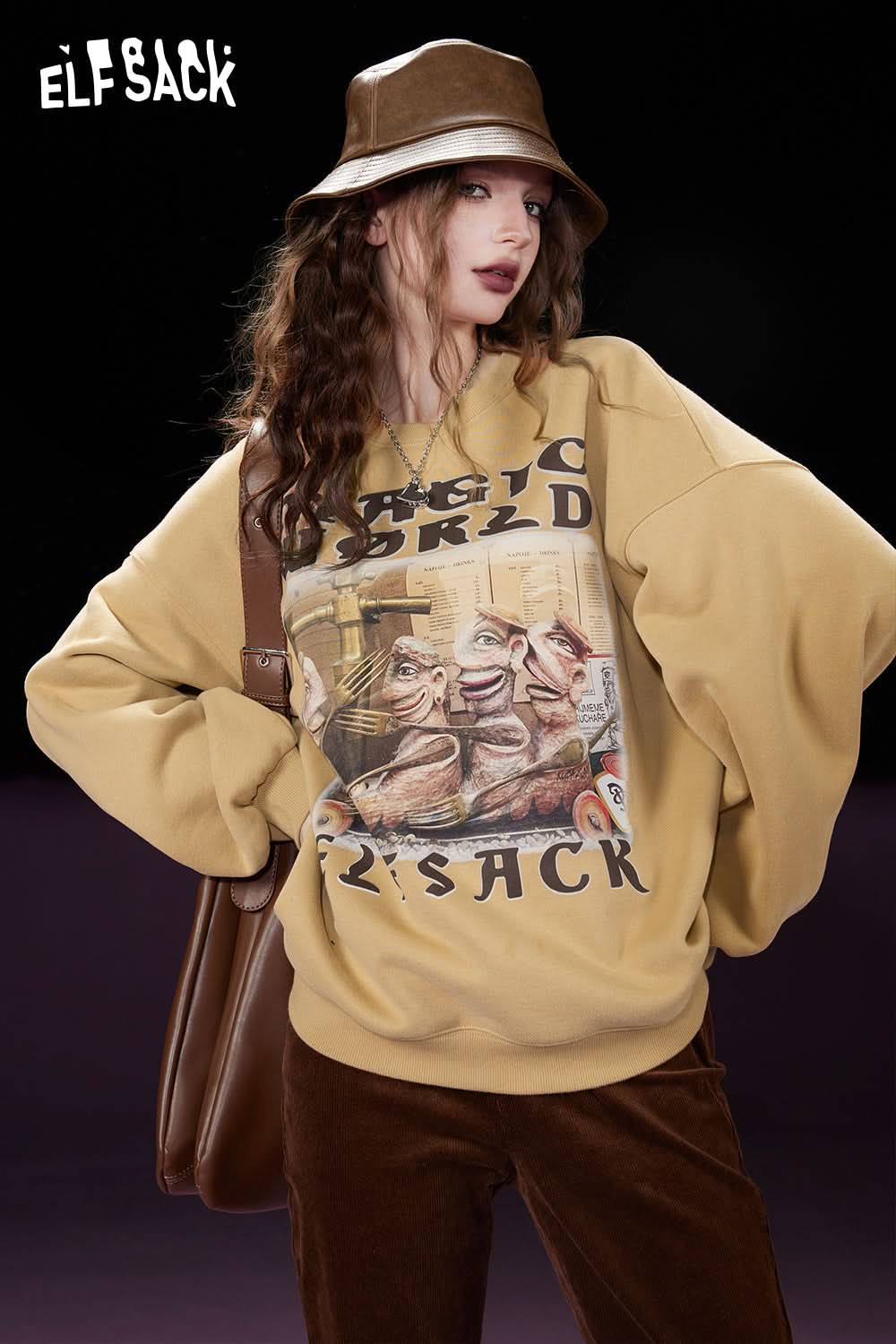 ELFSACK Fleece Pullover Women Printing Long Sleeve Sweatshirt Daily Tops