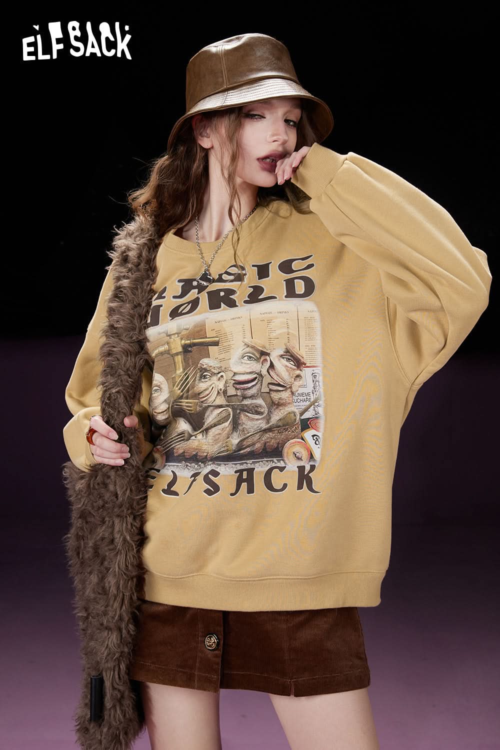 ELFSACK Fleece Pullover Women Printing Long Sleeve Sweatshirt Daily Tops