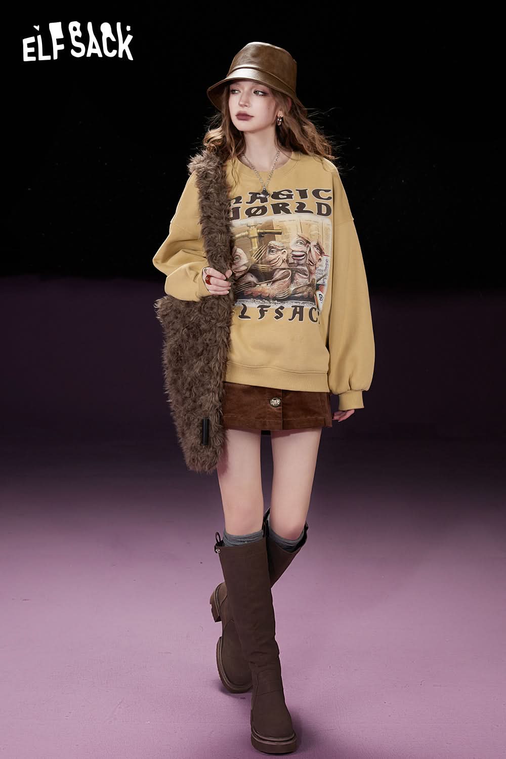 ELFSACK Fleece Pullover Women Printing Long Sleeve Sweatshirt Daily Tops