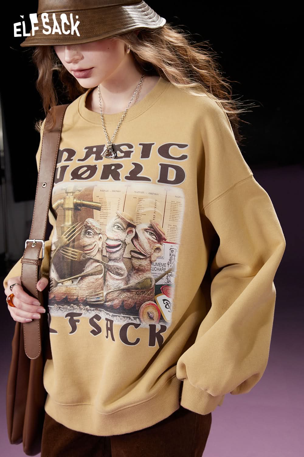 ELFSACK Fleece Pullover Women Printing Long Sleeve Sweatshirt Daily Tops