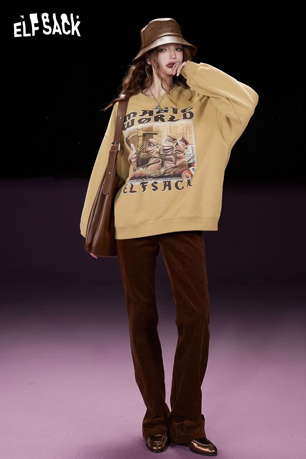 ELFSACK Fleece Pullover Women Printing Long Sleeve Sweatshirt Daily Tops