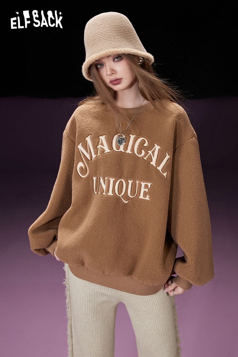 ELFSACK Fleece Pullover Women Woolly Long Sleeve Sweatshirt Daily Tops