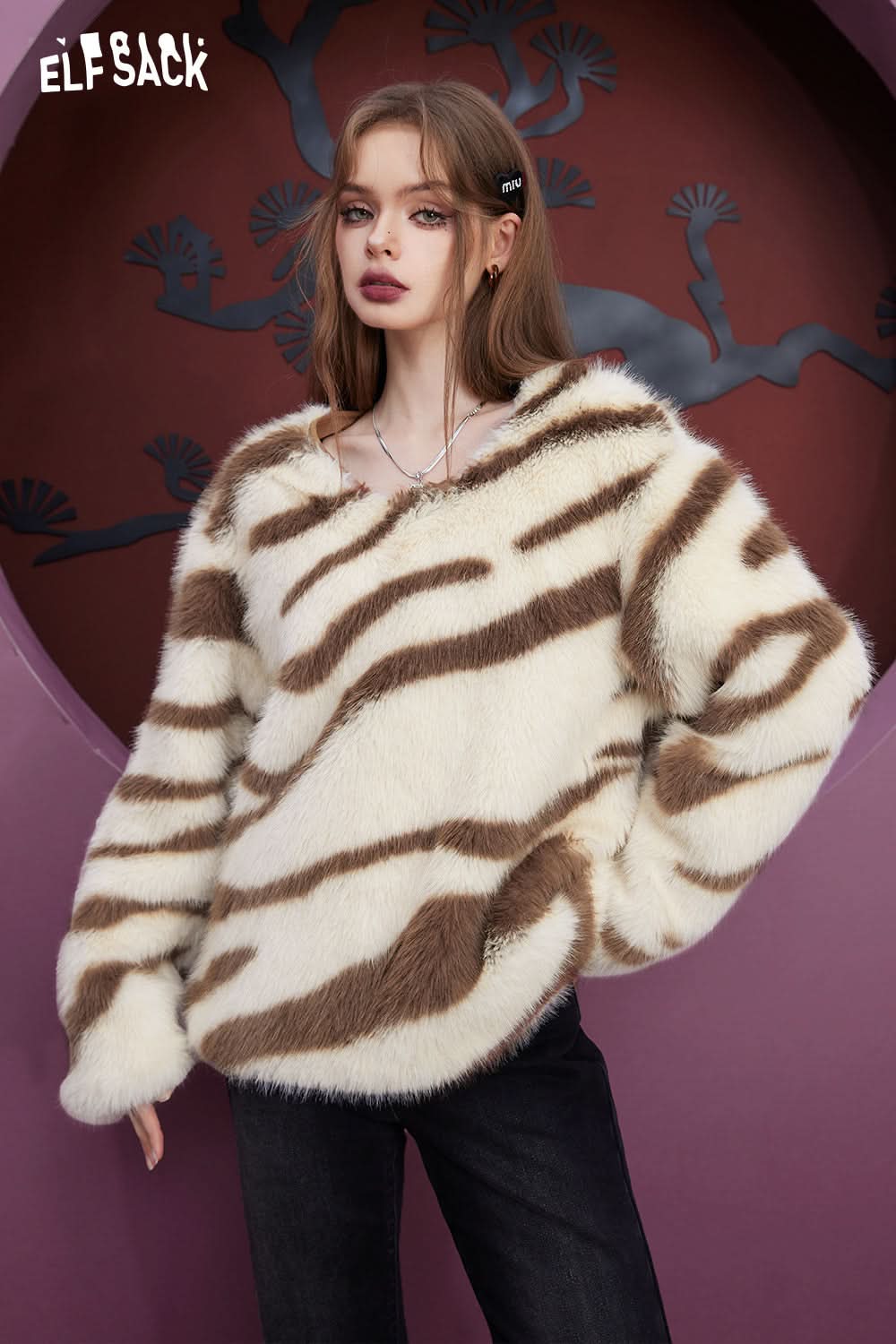 ELFSACK Fleece Plush Jacquard Pullover Women Loose Long Sleeve Daily Tops