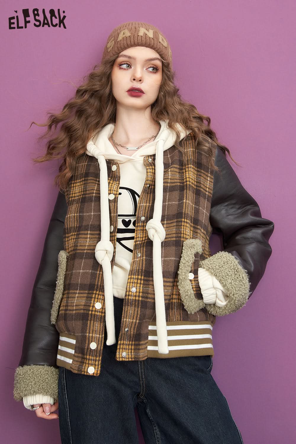 ELFSACK Brown Cargo Jackets Women Fleece PU Spliced Loose Casual Outwears