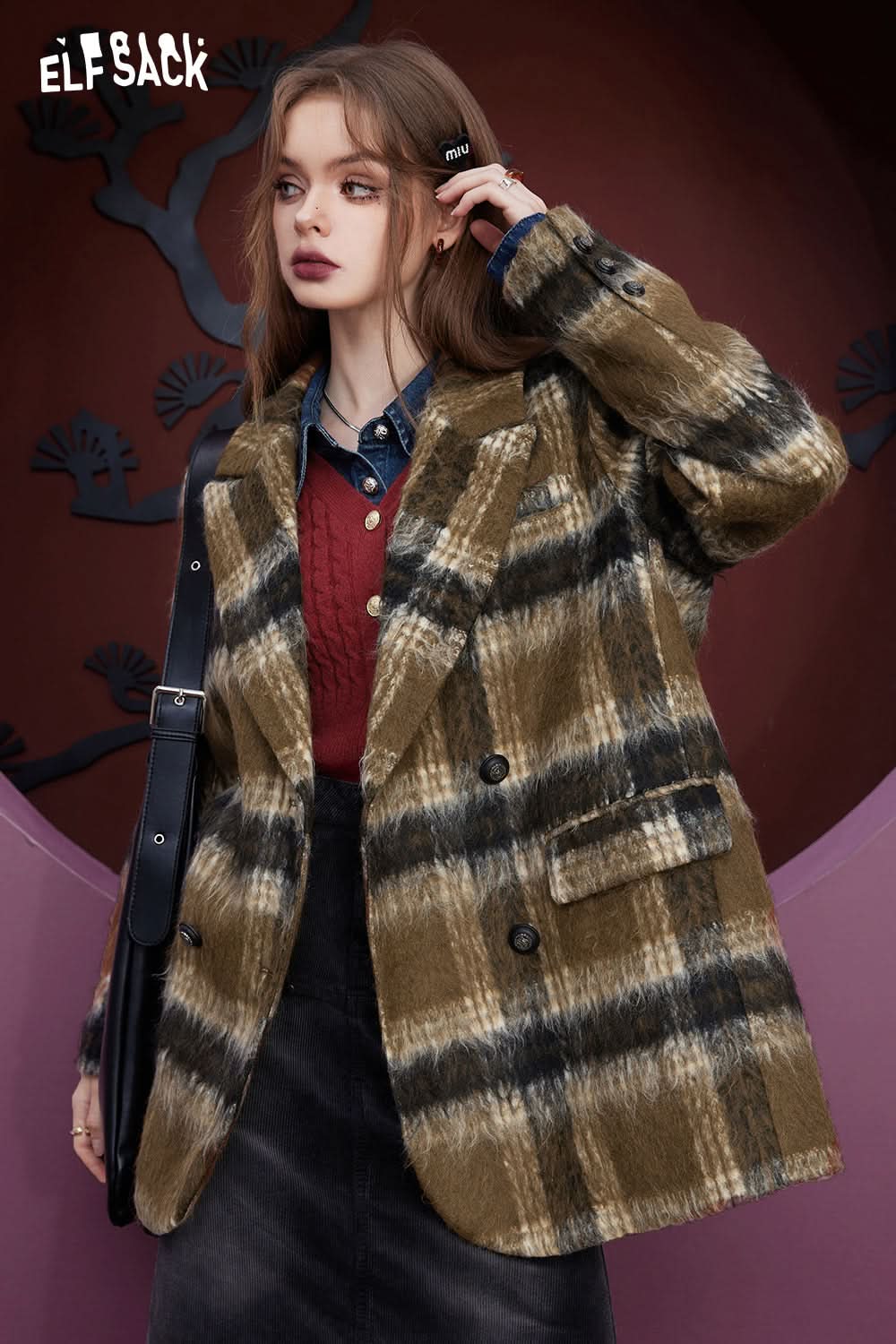 ELFSACK Plaid Woolen Jacket Suit Jackets Women Academic Style Coats
