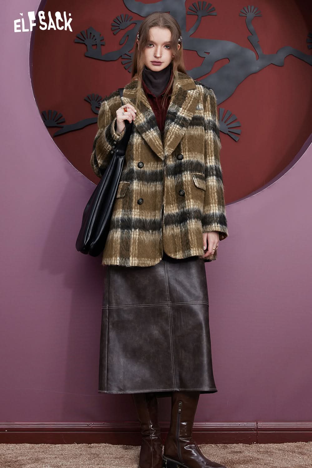 ELFSACK Plaid Woolen Jacket Suit Jackets Women Academic Style Coats