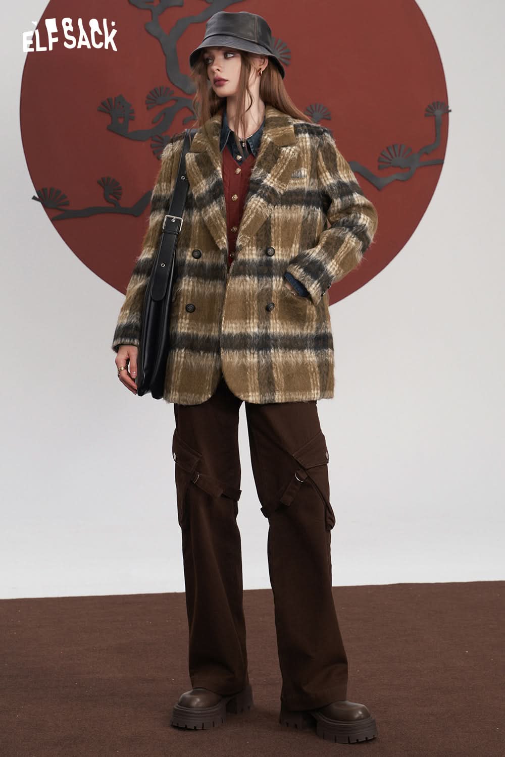 ELFSACK Plaid Woolen Jacket Suit Jackets Women Academic Style Coats