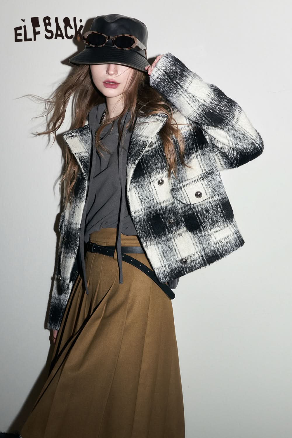 ELFSACK Y2K Check Jackets Women Fleece Korean Style Outwears