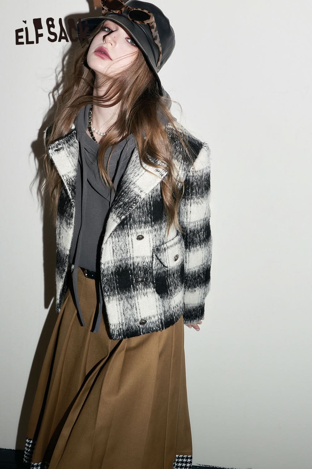 ELFSACK Y2K Check Jackets Women Fleece Korean Style Outwears