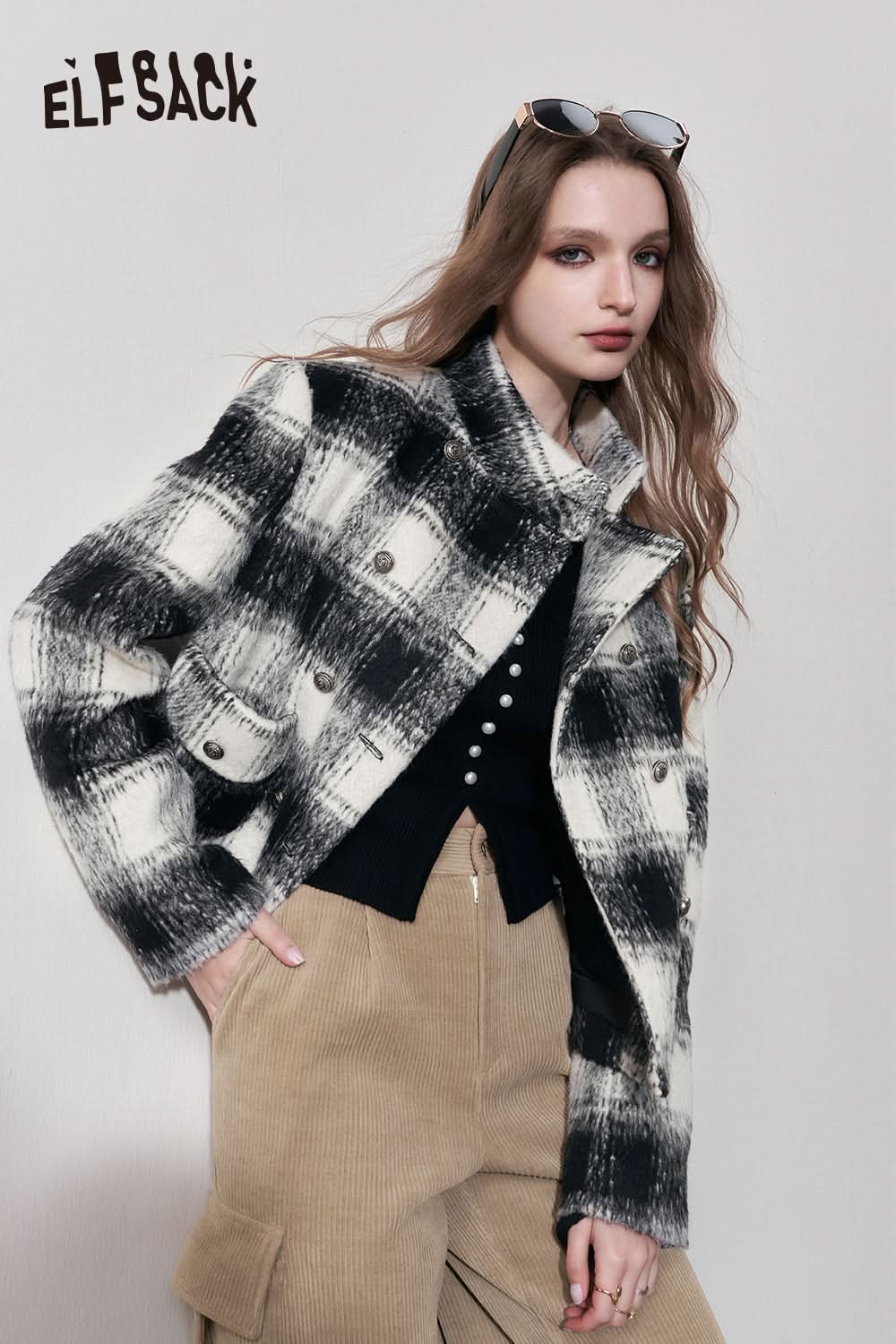 ELFSACK Y2K Check Jackets Women Fleece Korean Style Outwears