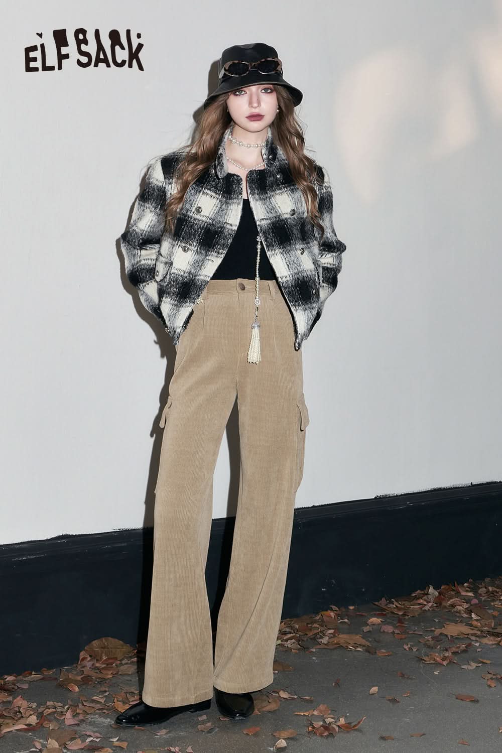 ELFSACK Y2K Check Jackets Women Fleece Korean Style Outwears