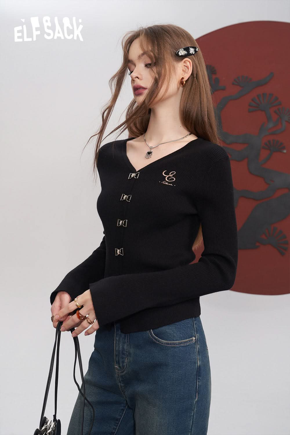 ELFSACK Free Necklace Slim Sweater Women Chinese Style Solid Color Basic Tops