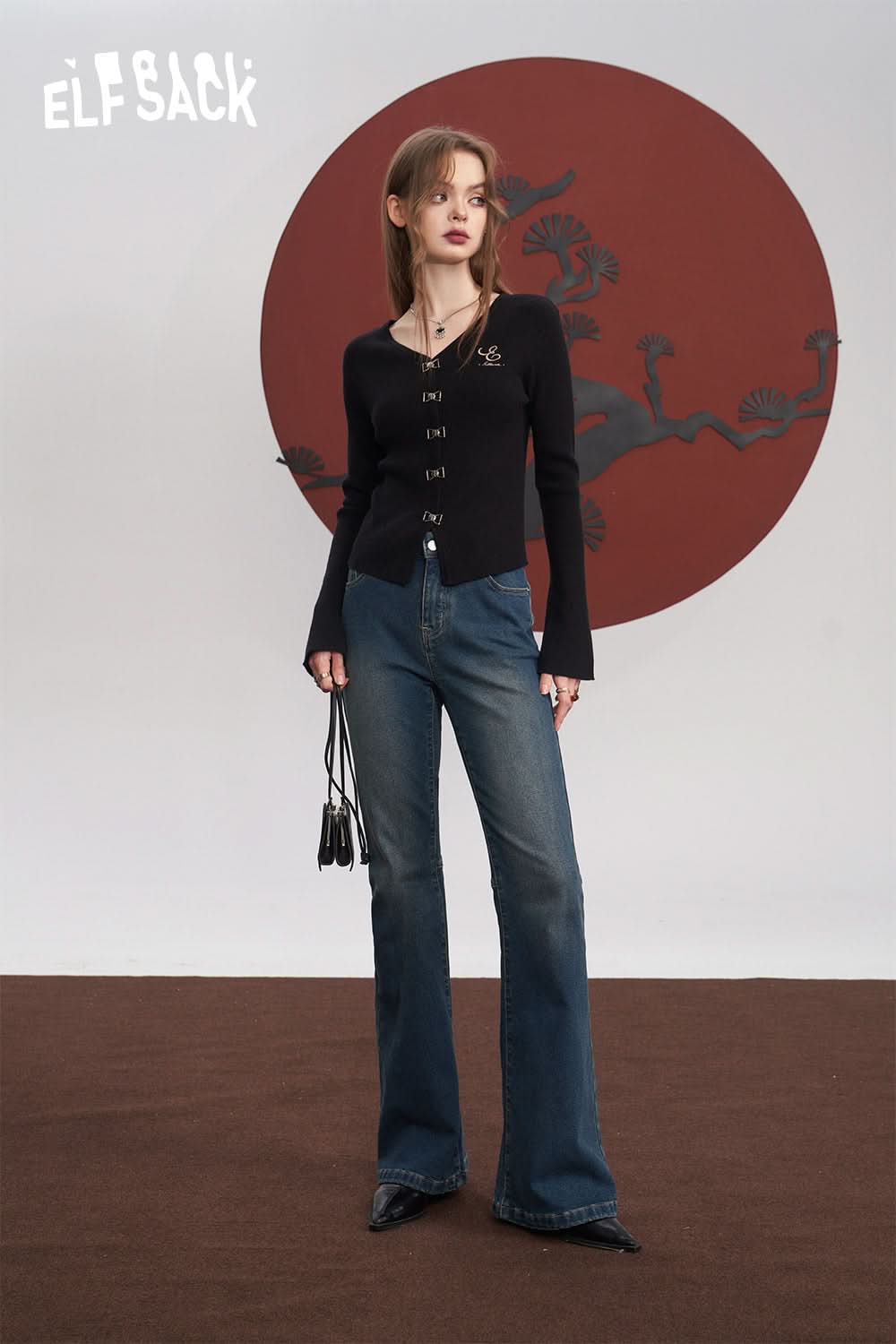 ELFSACK Free Necklace Slim Sweater Women Chinese Style Solid Color Basic Tops