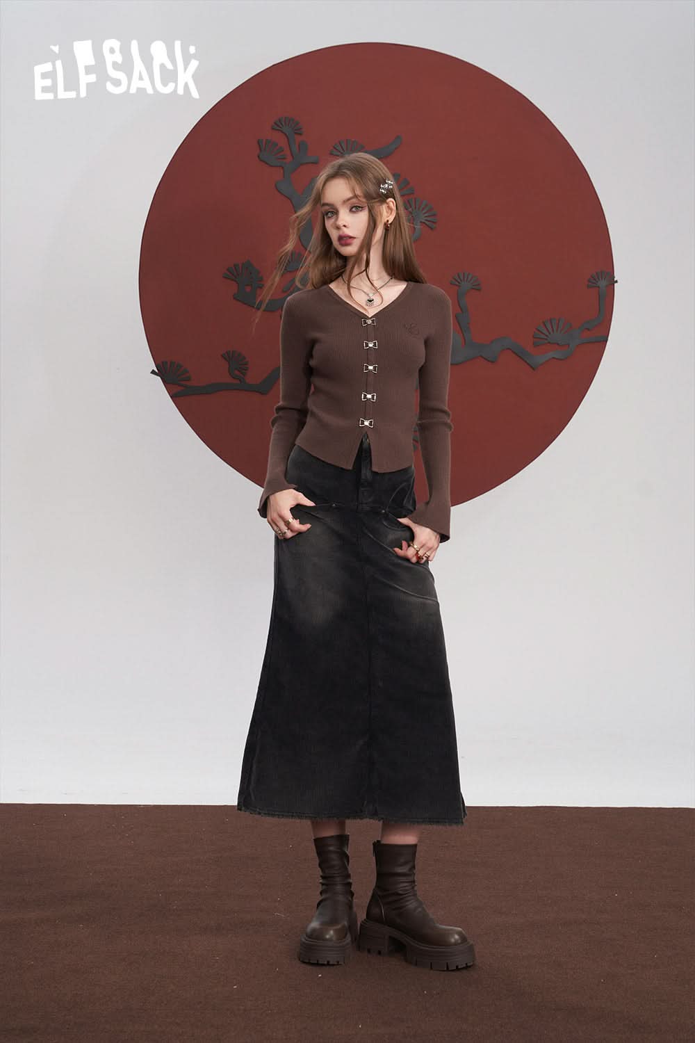 ELFSACK Free Necklace Slim Sweater Women Chinese Style Solid Color Basic Tops