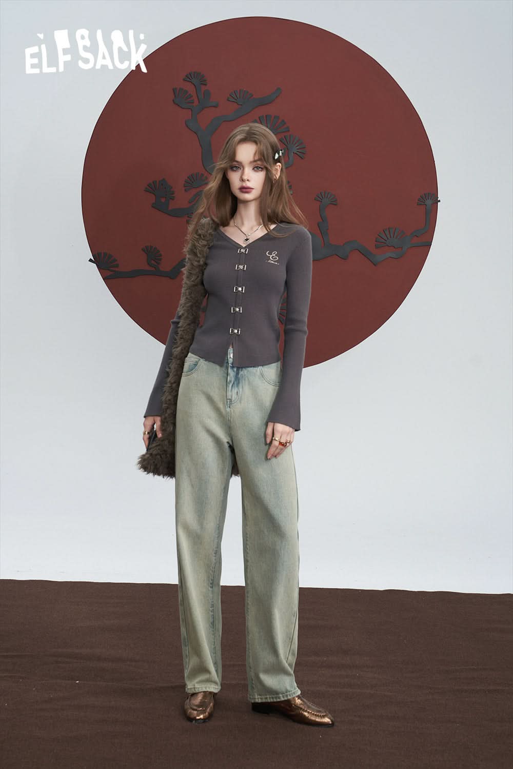 ELFSACK Free Necklace Slim Sweater Women Chinese Style Solid Color Basic Tops