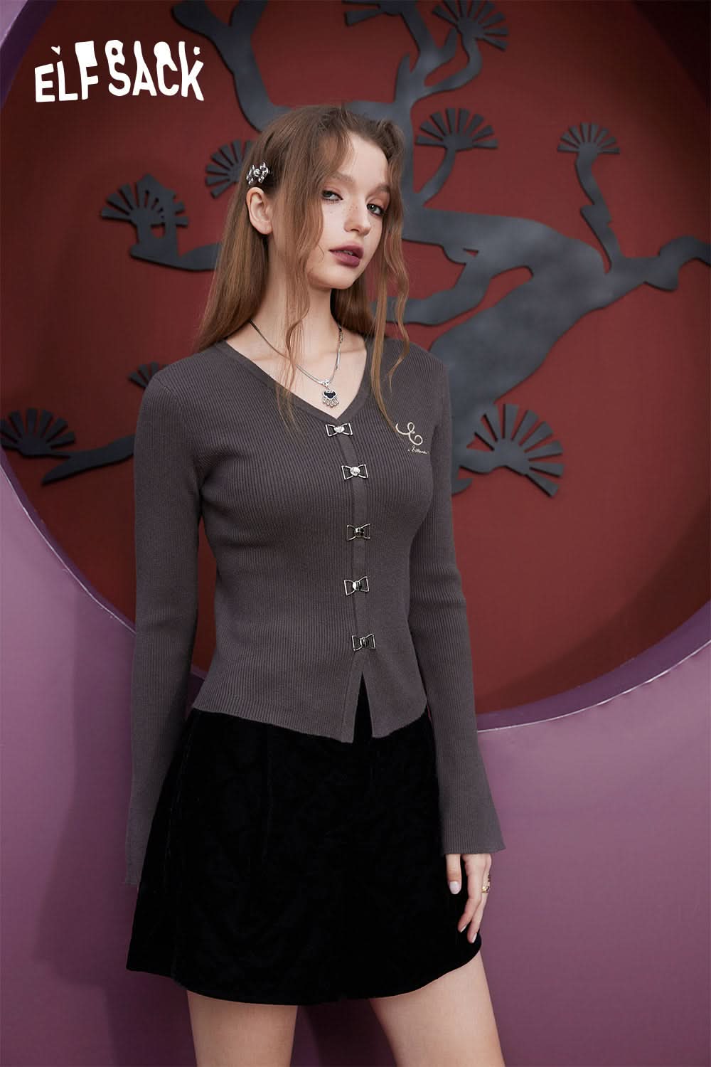 ELFSACK Free Necklace Slim Sweater Women Chinese Style Solid Color Basic Tops