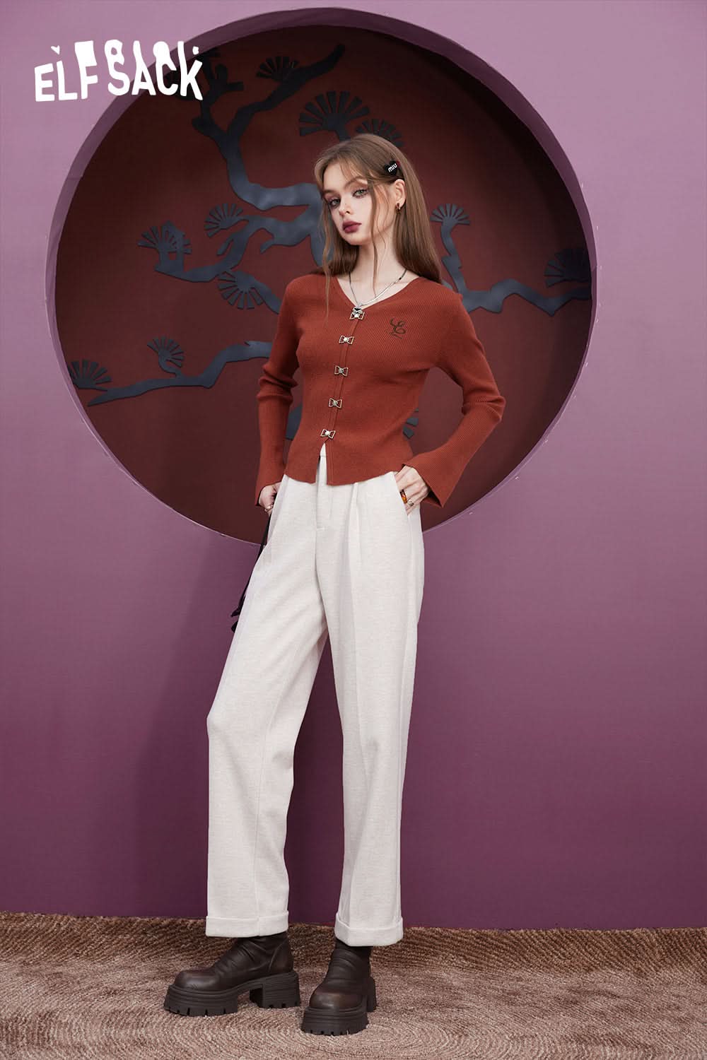 ELFSACK Free Necklace Slim Sweater Women Chinese Style Solid Color Basic Tops