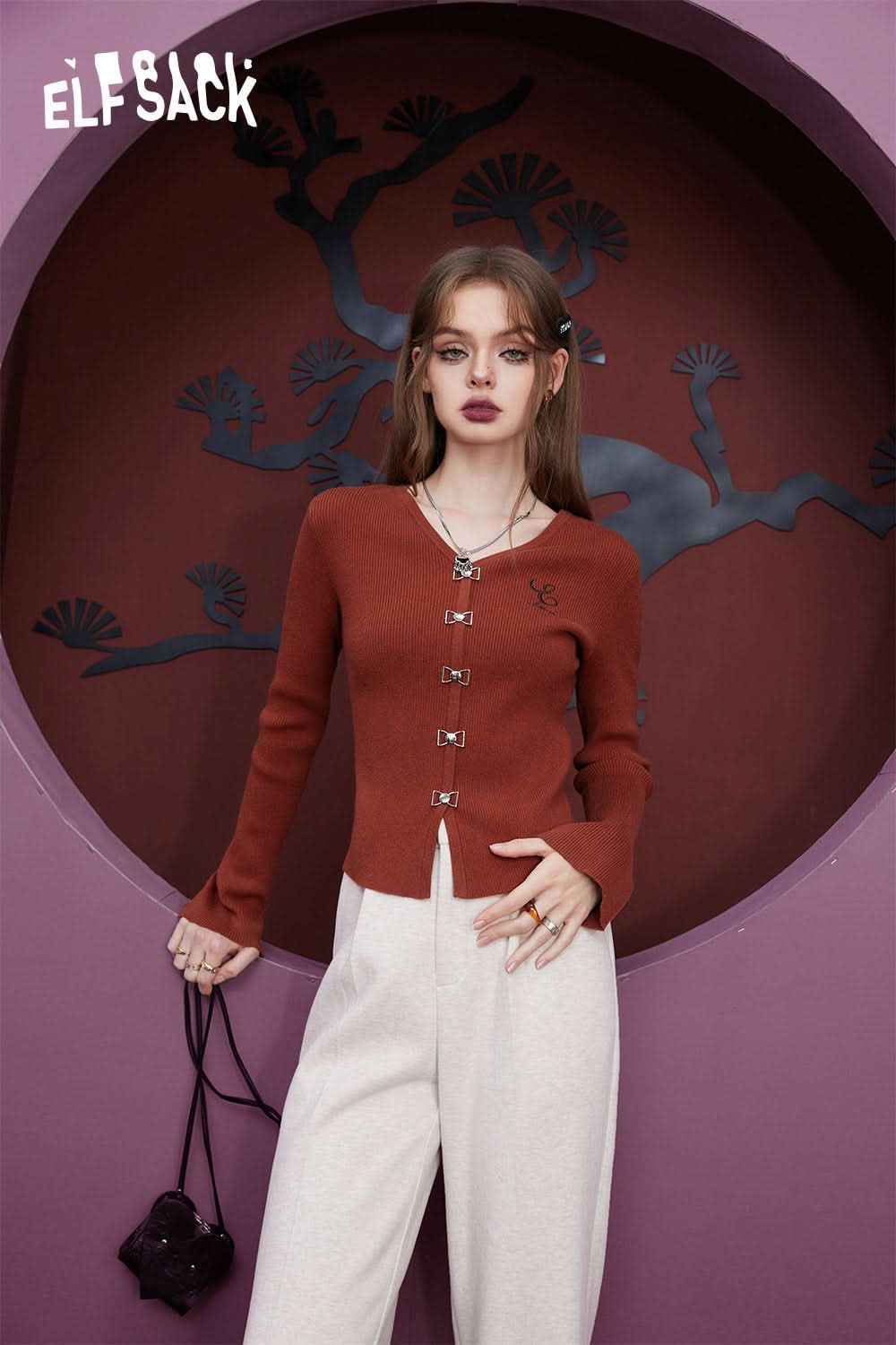 ELFSACK Free Necklace Slim Sweater Women Chinese Style Solid Color Basic Tops