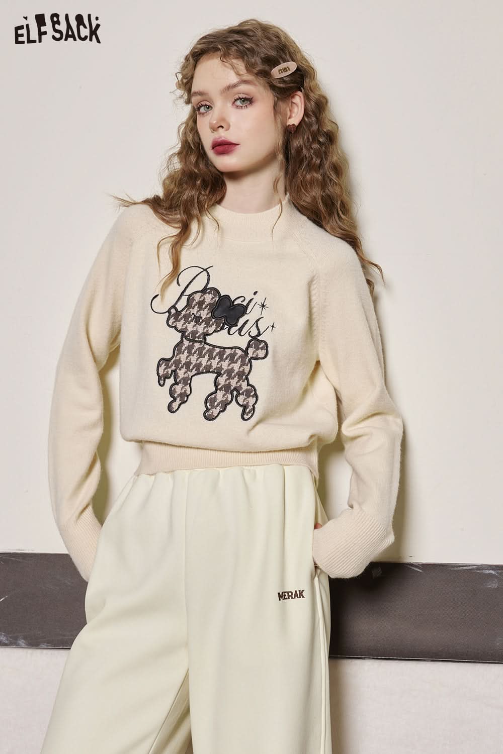 ELFSACK Warm Dog Patch Turtleneck Sweater Women Casual Vintage Knitwears