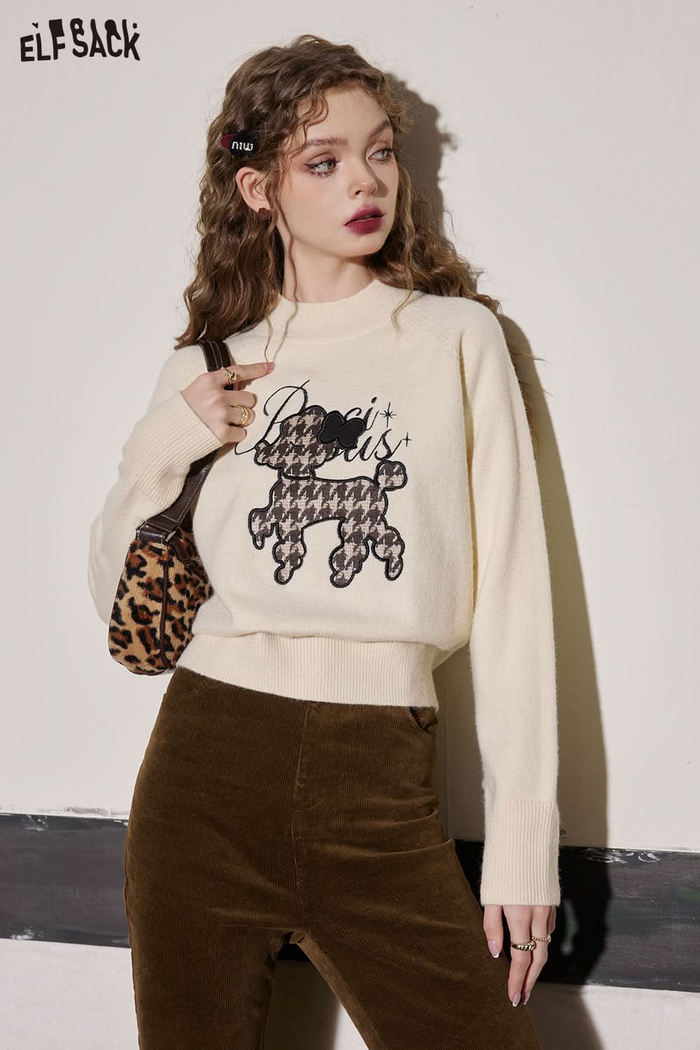 ELFSACK Warm Dog Patch Turtleneck Sweater Women Casual Vintage Knitwears