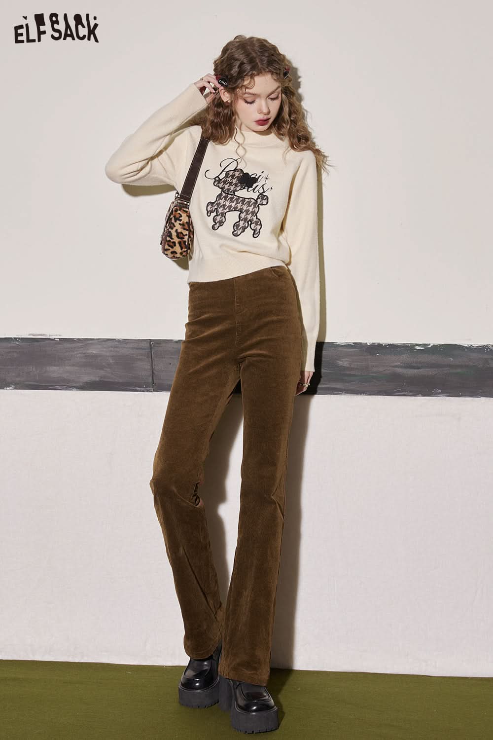 ELFSACK Warm Dog Patch Turtleneck Sweater Women Casual Vintage Knitwears