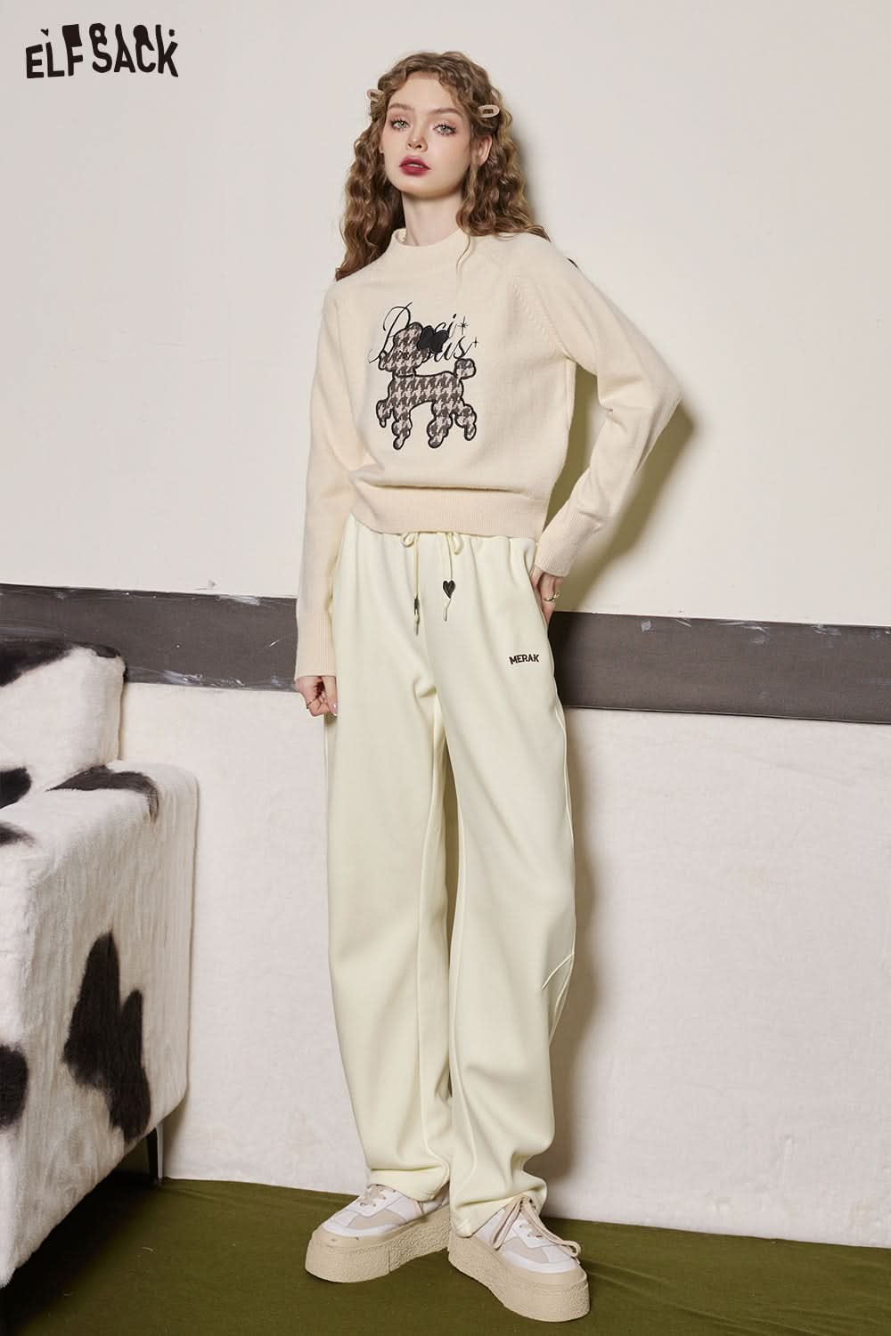 ELFSACK Warm Dog Patch Turtleneck Sweater Women Casual Vintage Knitwears