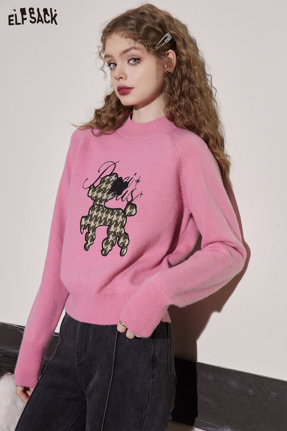 ELFSACK Warm Dog Patch Turtleneck Sweater Women Casual Vintage Knitwears