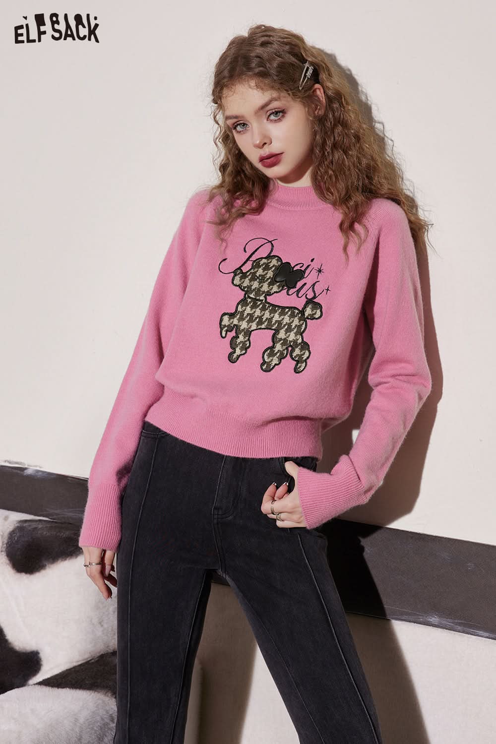 ELFSACK Warm Dog Patch Turtleneck Sweater Women Casual Vintage Knitwears