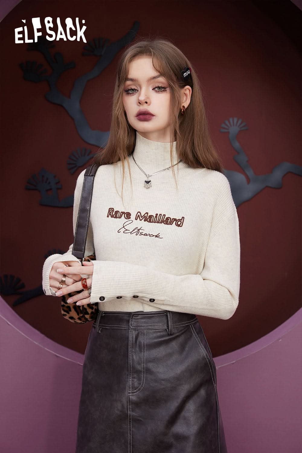 ELFSACK Slim Solid Color Turtleneck Undershirt Woman Knitwears Sweaters