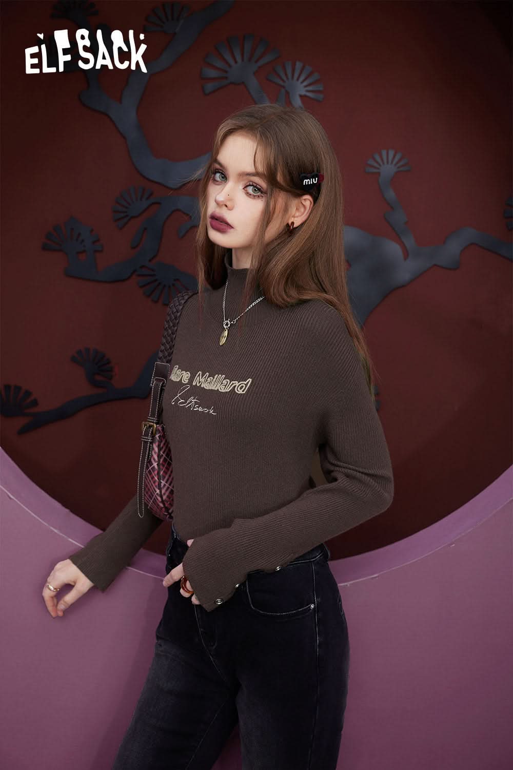 ELFSACK Slim Solid Color Turtleneck Undershirt Woman Knitwears Sweaters