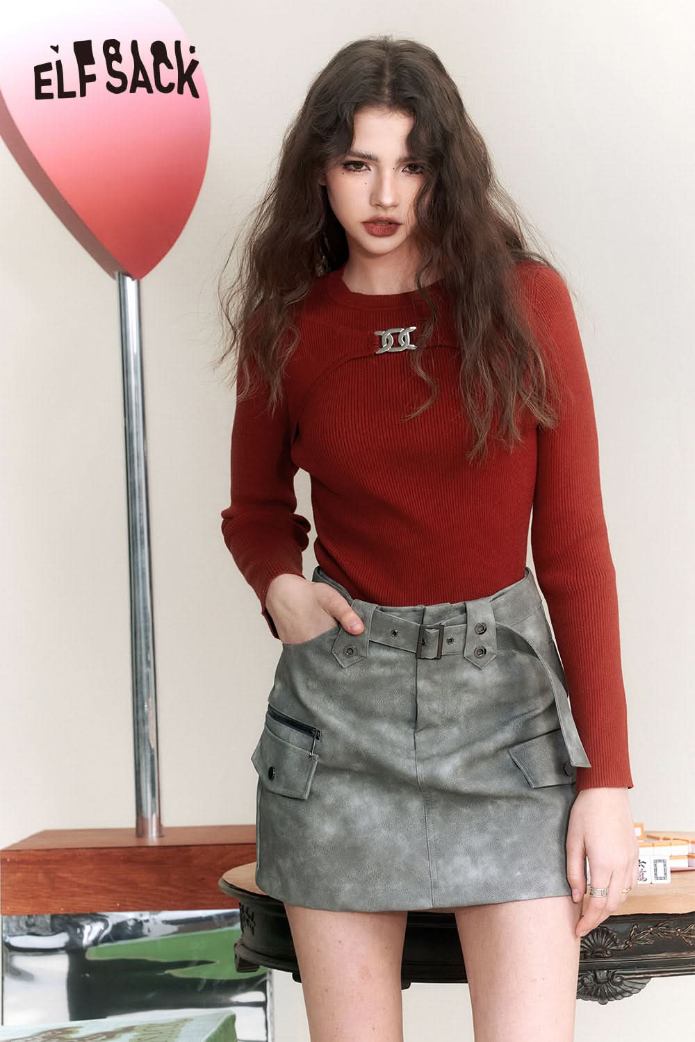 ELFSACK Chinese Style Slim Knitwear Women Solid Color Designer Tops