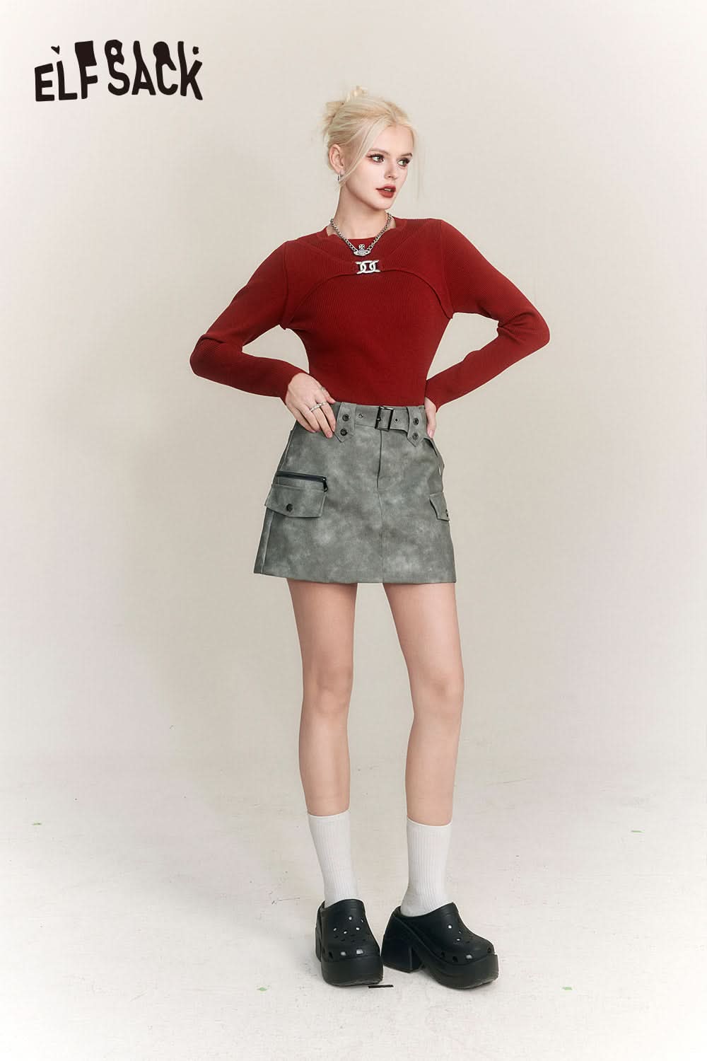 ELFSACK Chinese Style Slim Knitwear Women Solid Color Designer Tops