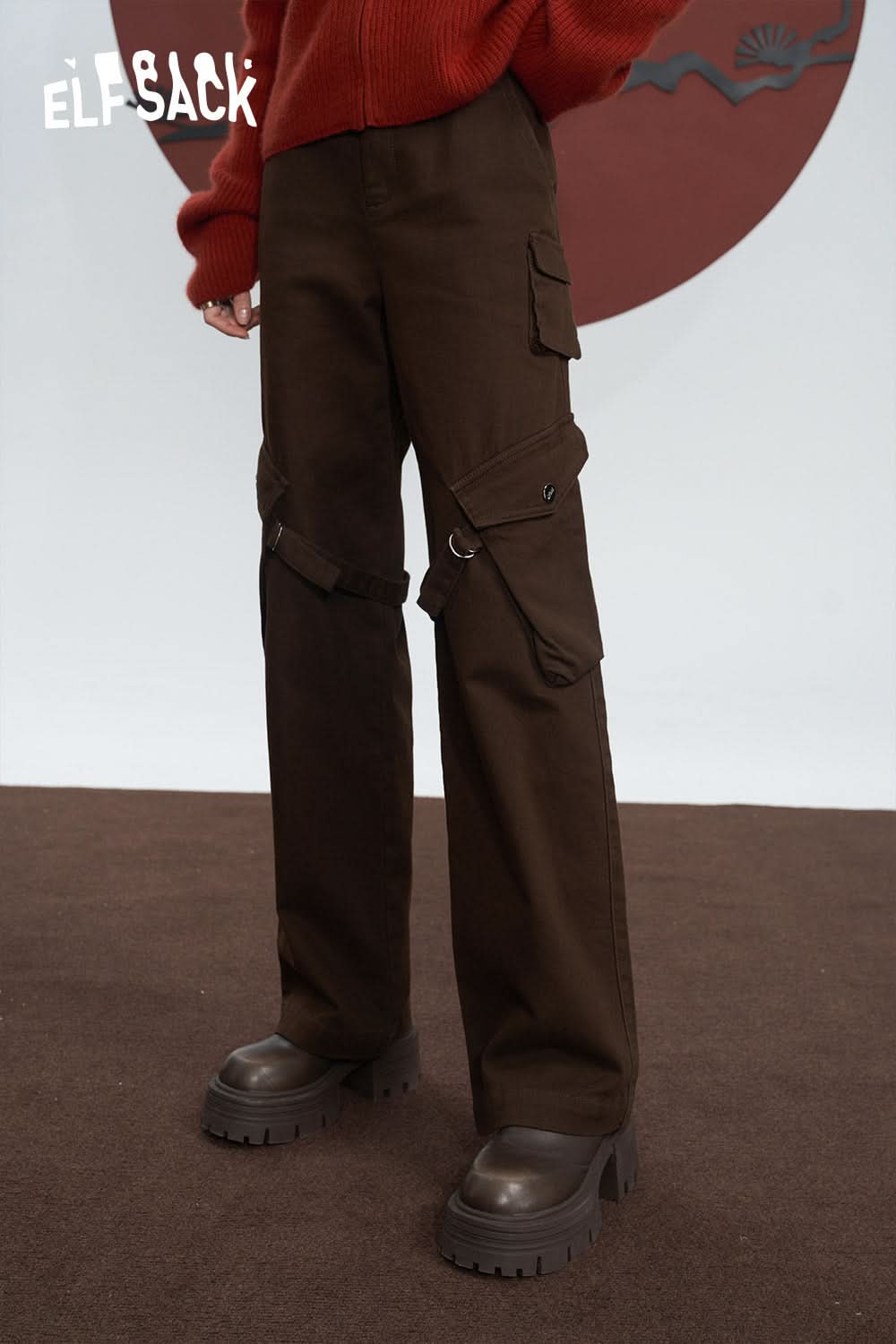 ELFSACK Cotton Cargo Pants Women High Waist American Style Casual Daily Trousers