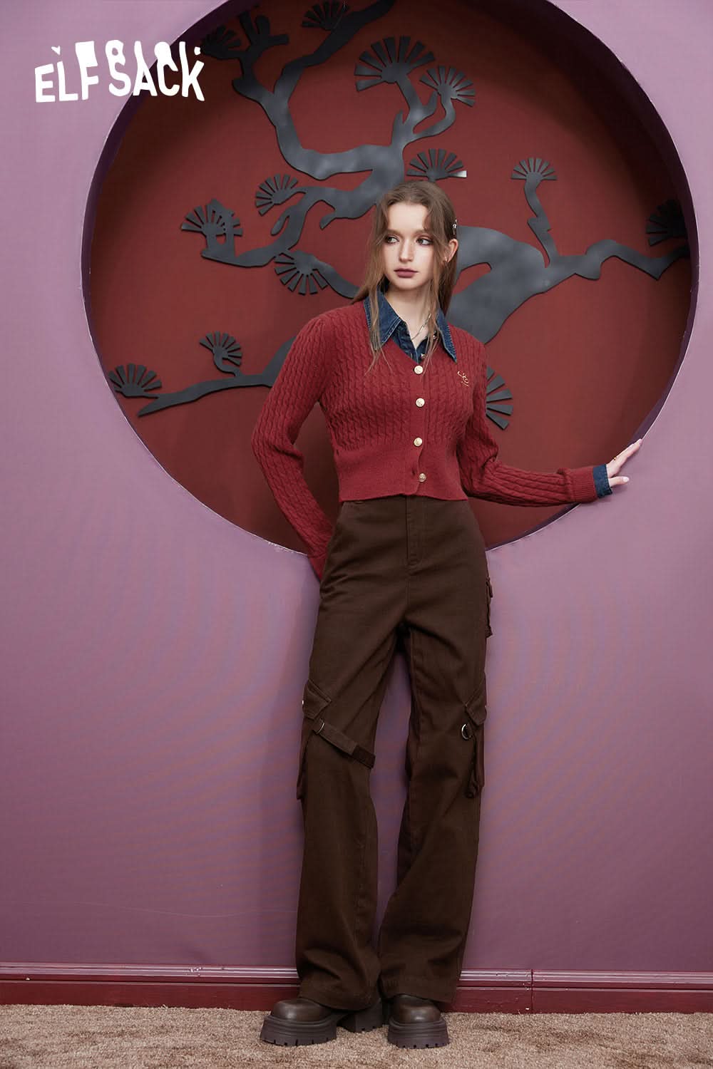 ELFSACK Cotton Cargo Pants Women High Waist American Style Casual Daily Trousers