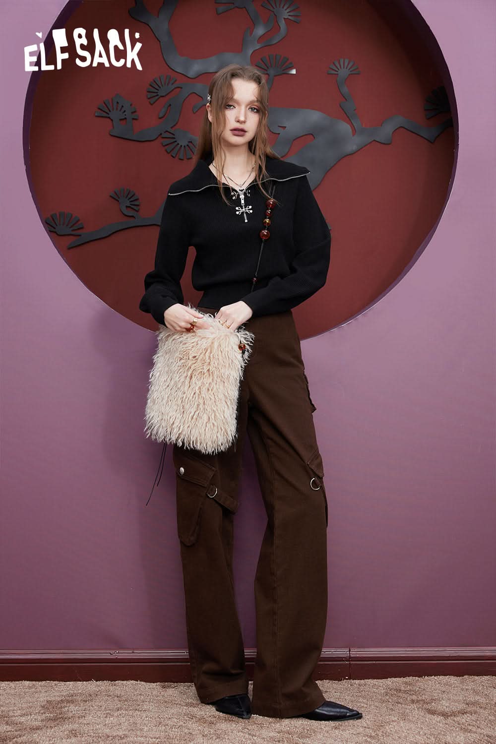 ELFSACK Cotton Cargo Pants Women High Waist American Style Casual Daily Trousers