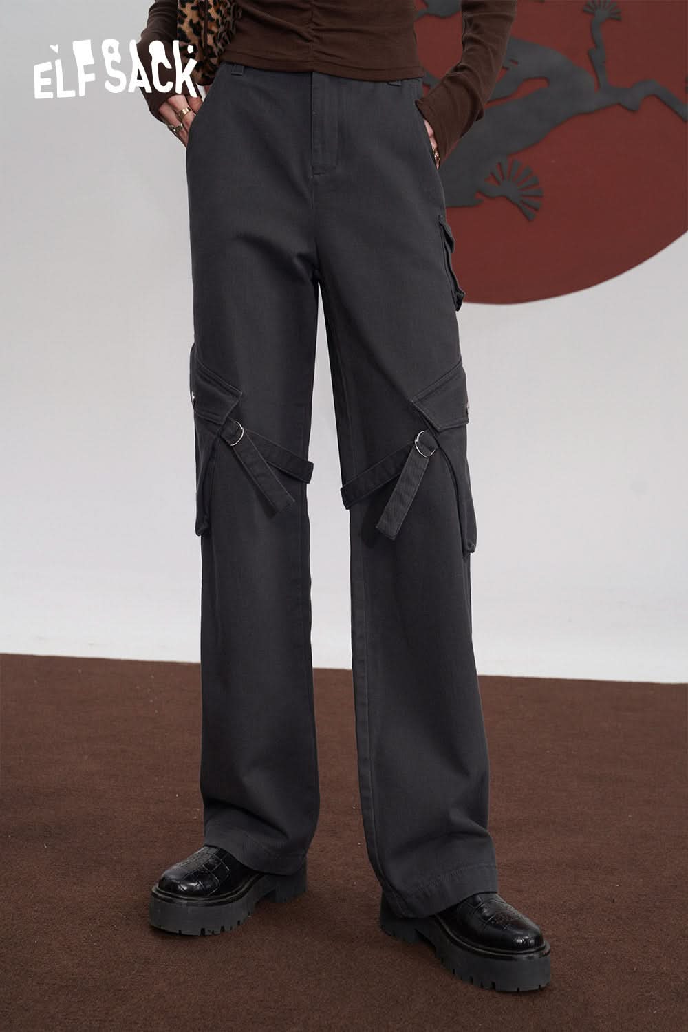 ELFSACK Cotton Cargo Pants Women High Waist American Style Casual Daily Trousers