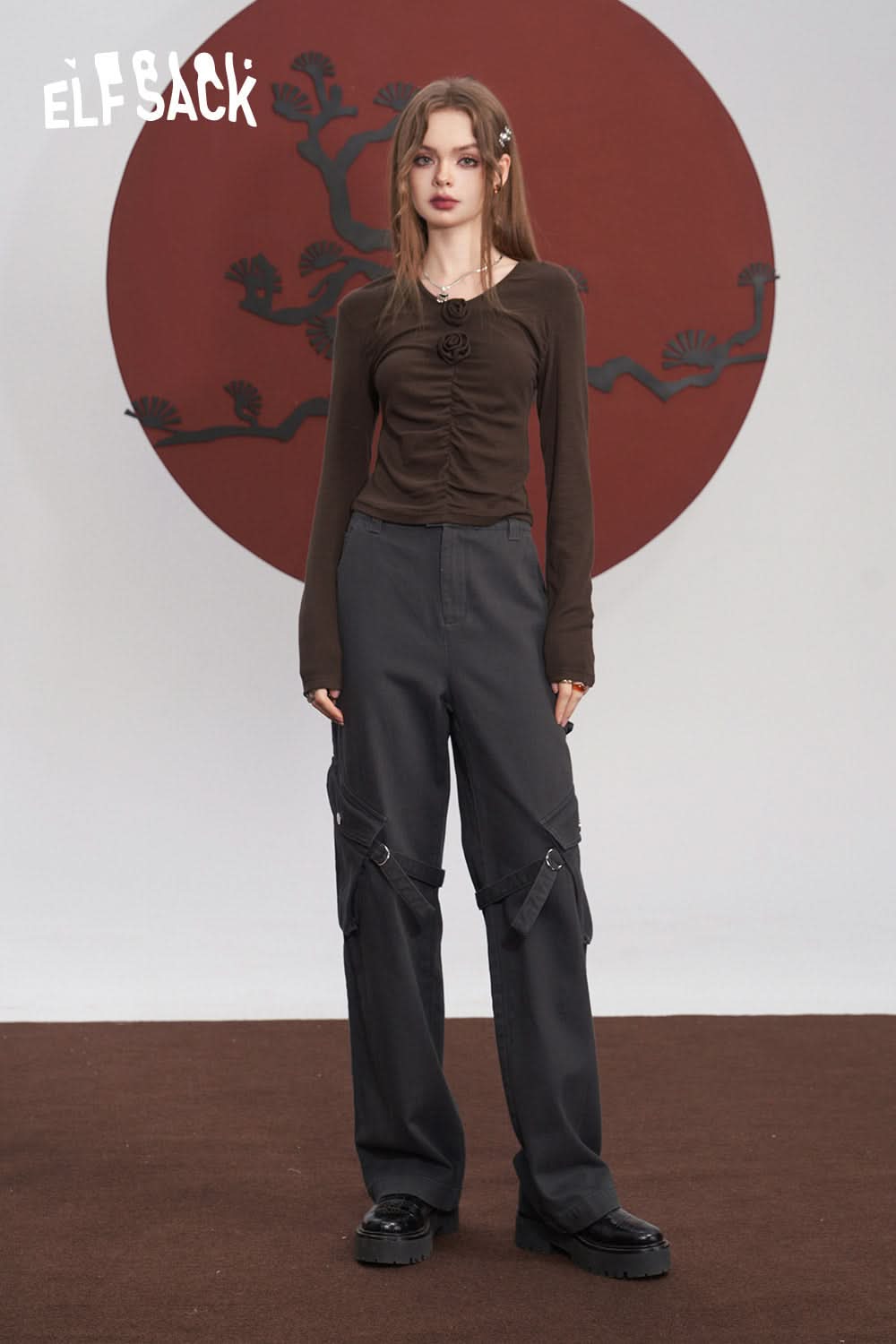 ELFSACK Cotton Cargo Pants Women High Waist American Style Casual Daily Trousers