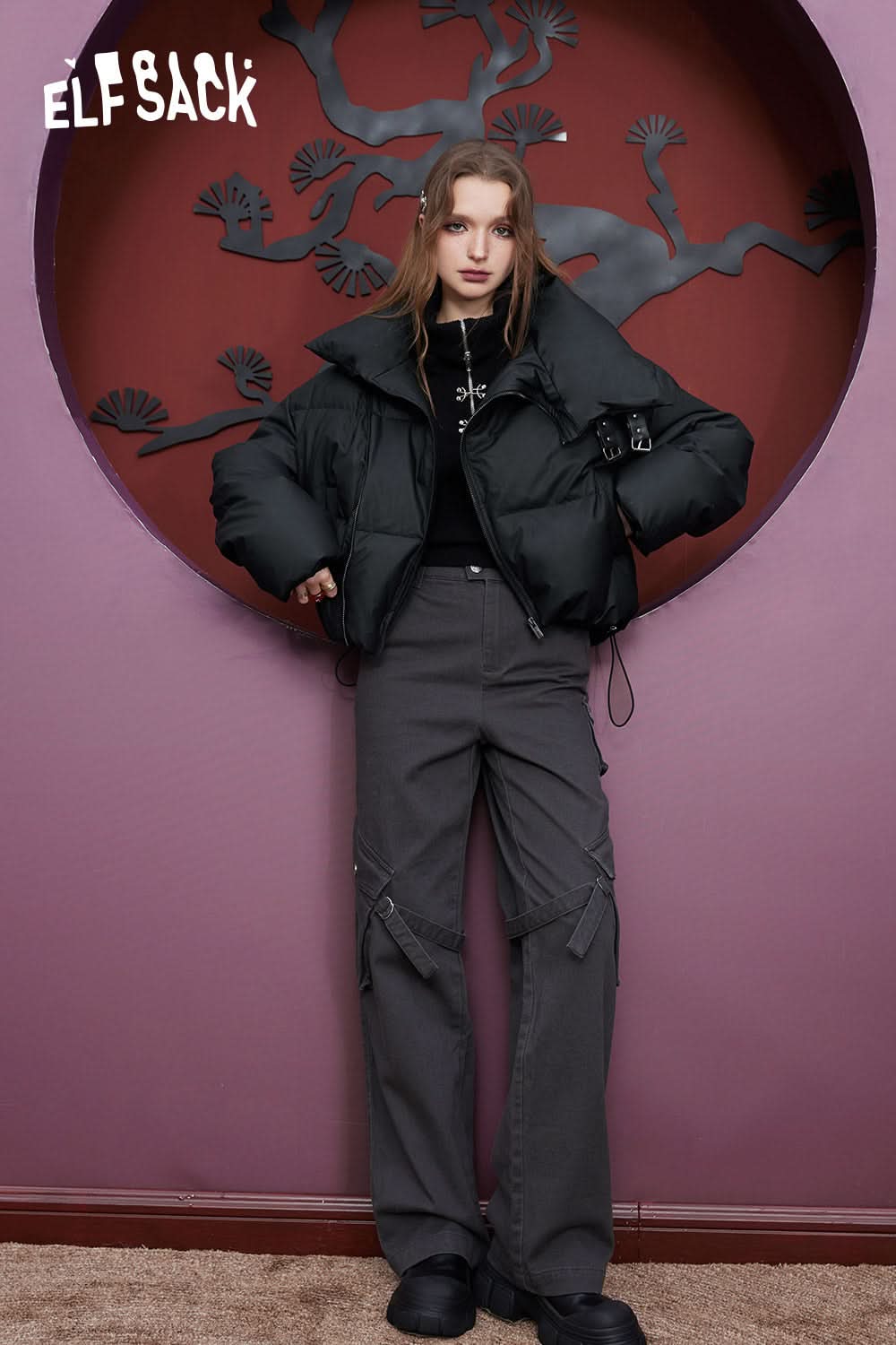 ELFSACK Cotton Cargo Pants Women High Waist American Style Casual Daily Trousers