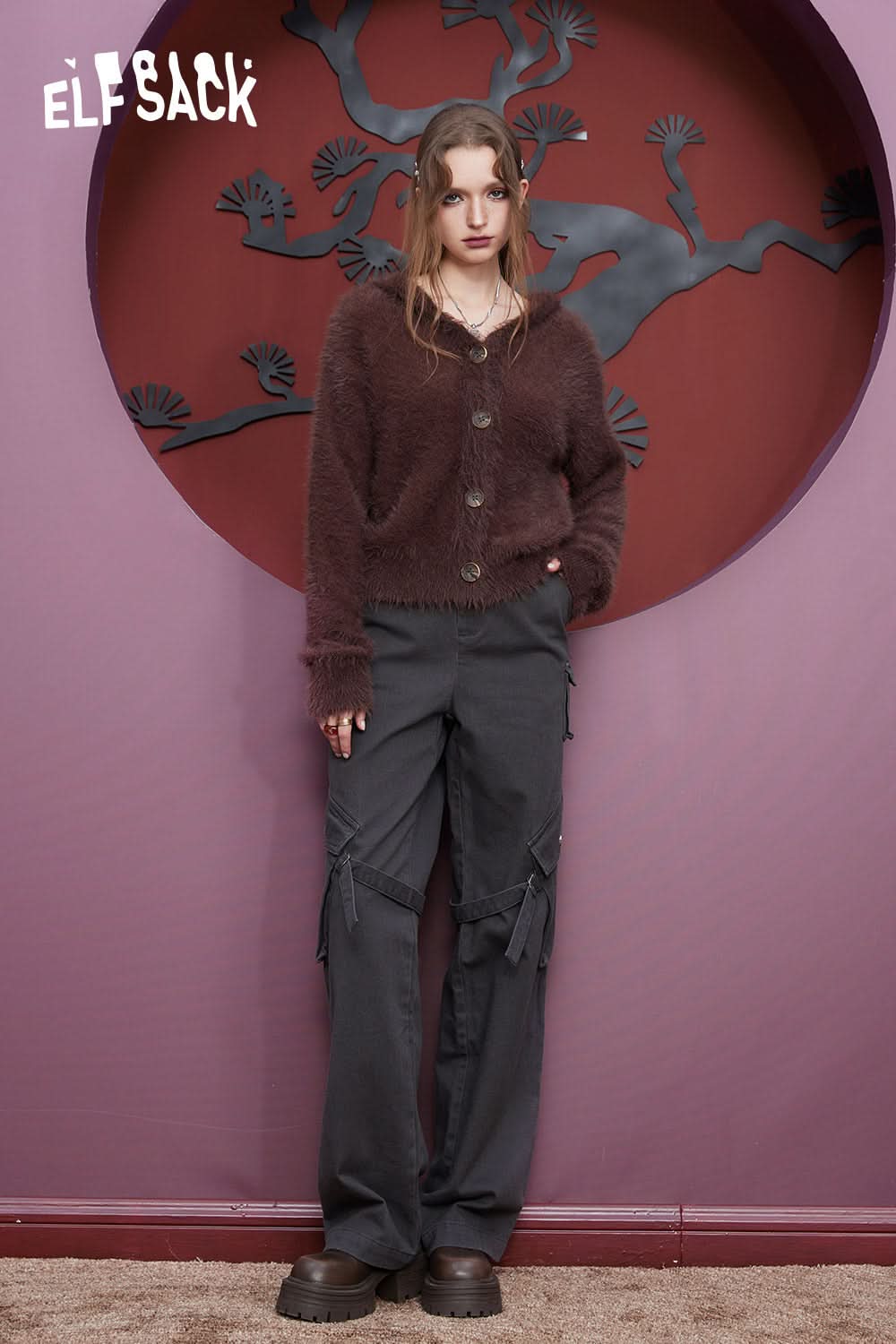 ELFSACK Cotton Cargo Pants Women High Waist American Style Casual Daily Trousers