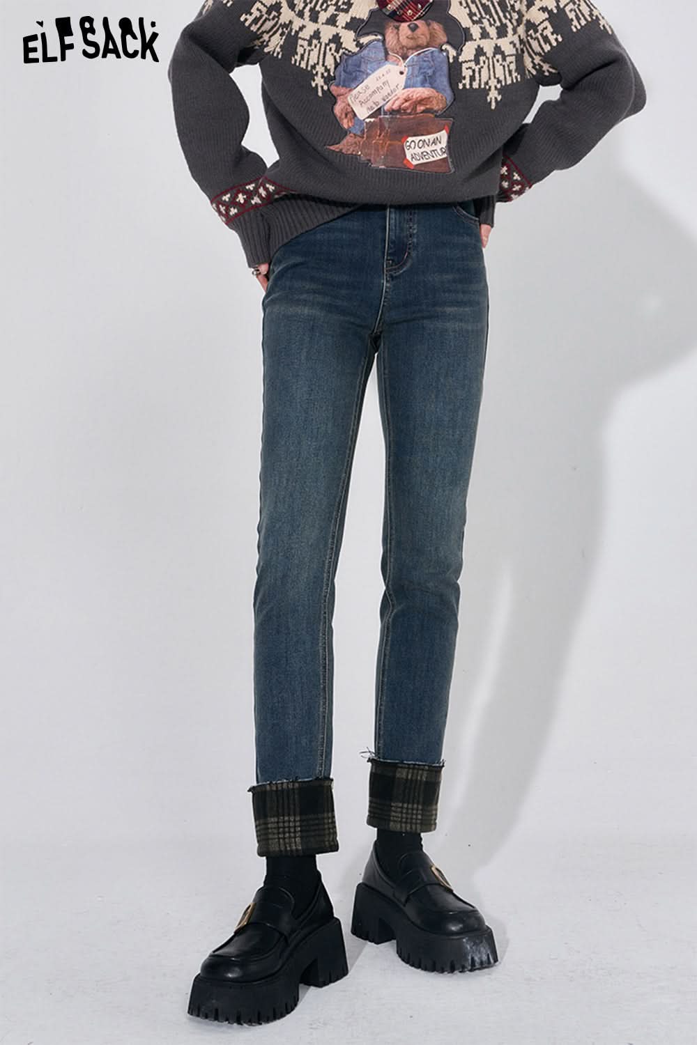 ELFSACK 2000s Plaid Jeans Women High Waist Designer Luxury Trousers