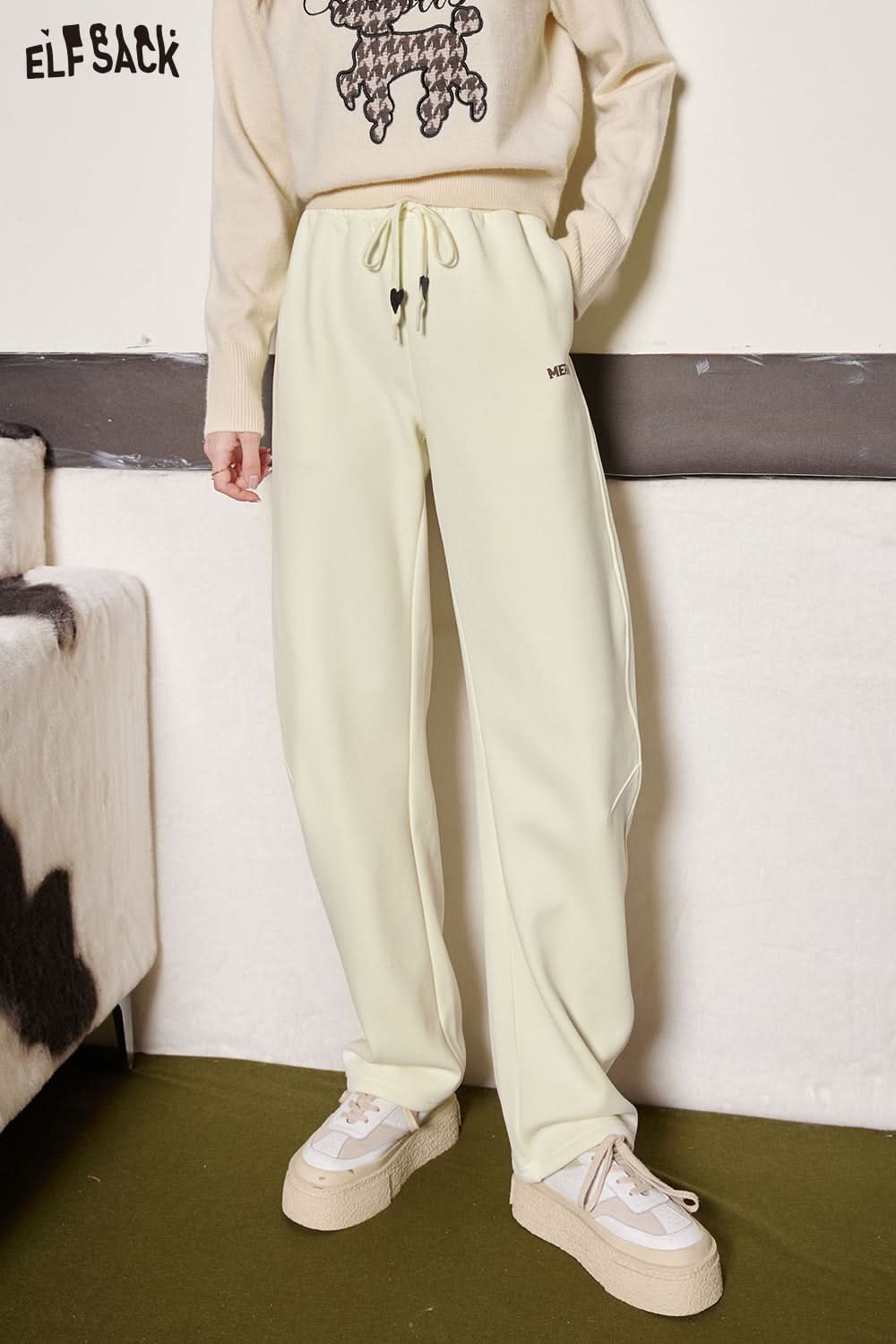 ELFSACK Loose Fleece Sports Pants Women High Waist Casual Daily Trousers