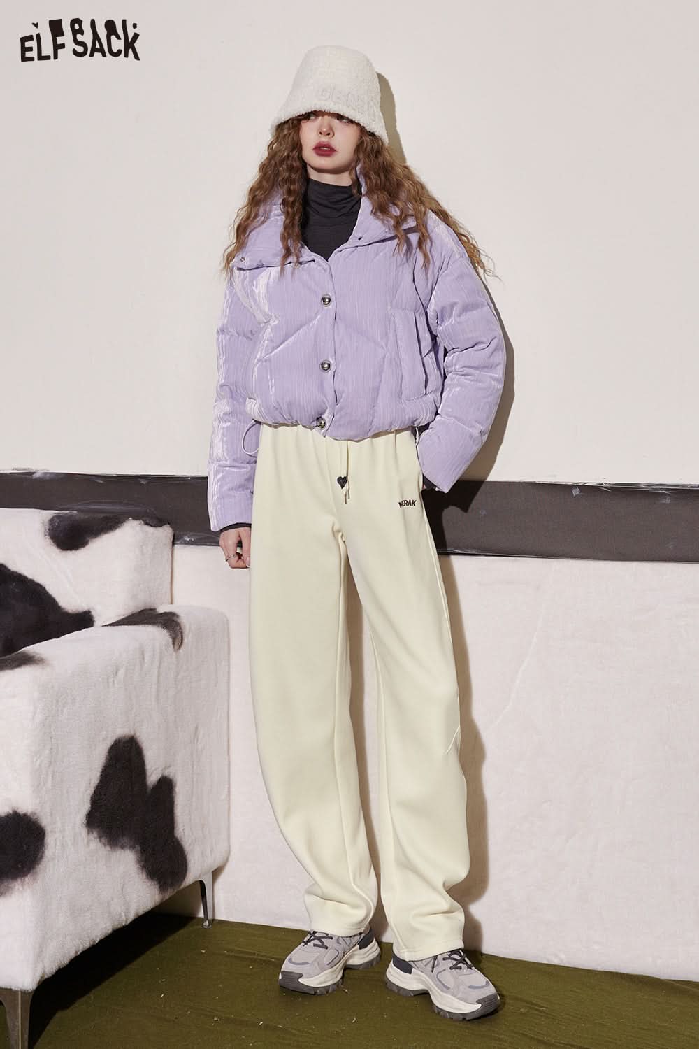 ELFSACK Loose Fleece Sports Pants Women High Waist Casual Daily Trousers