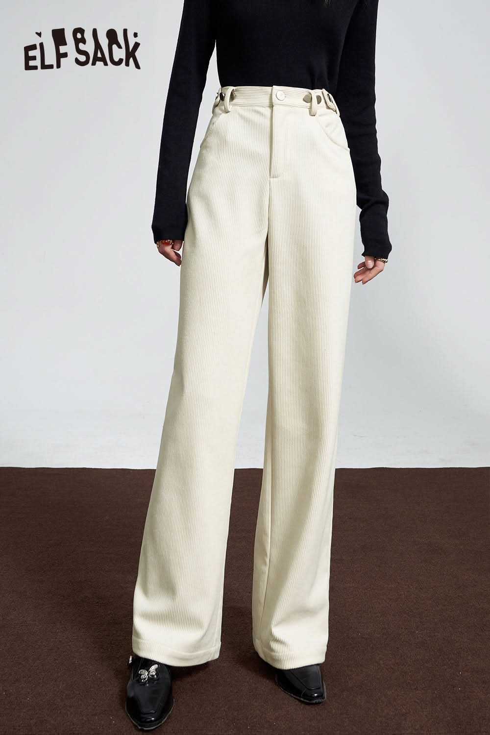 ELFSACK Corduroy White Warm Pants Women High Waist Casual Daily Trousers