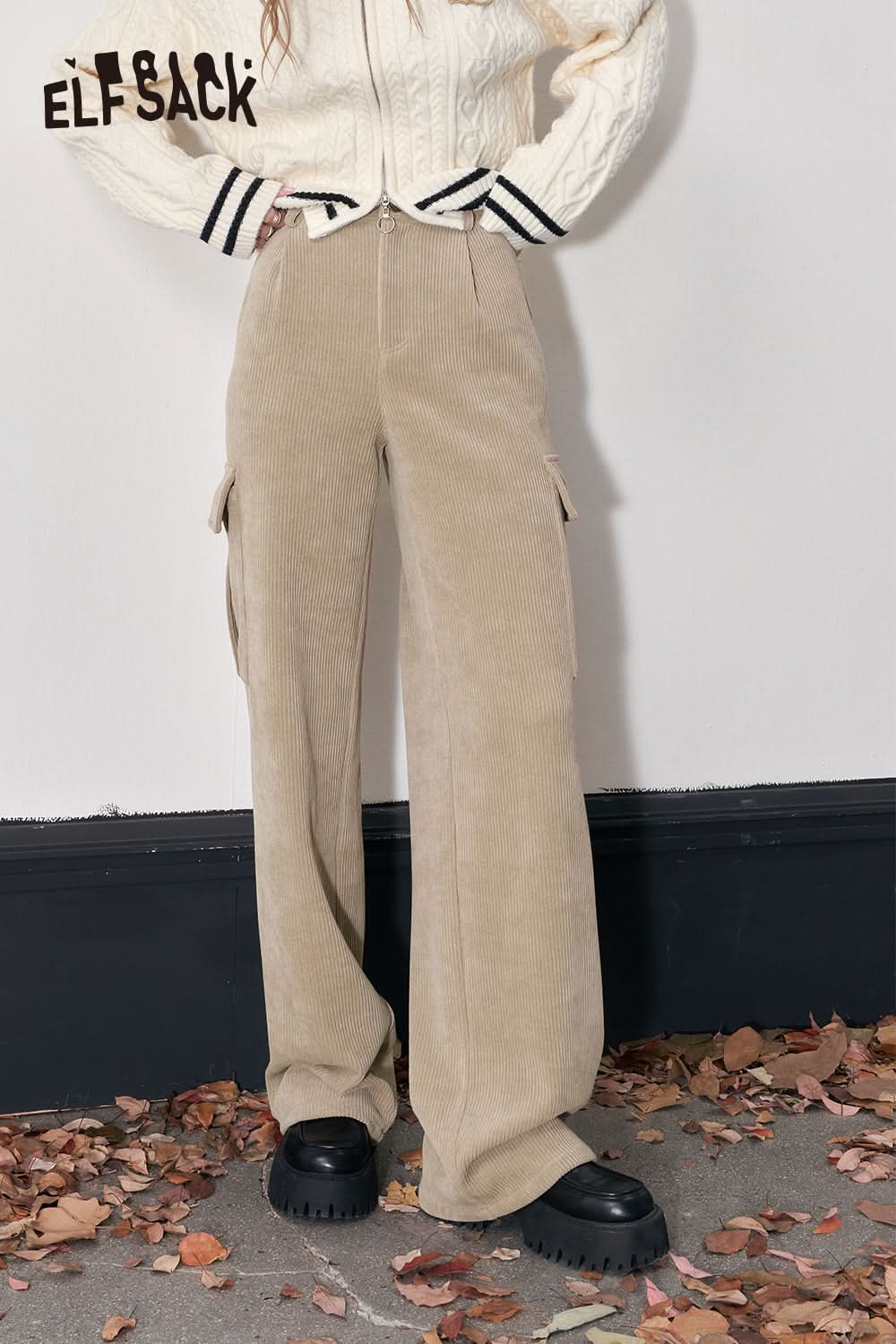 ELFSACK Kpop Corduroy Cargo Pants Women Straught Cool Trousers