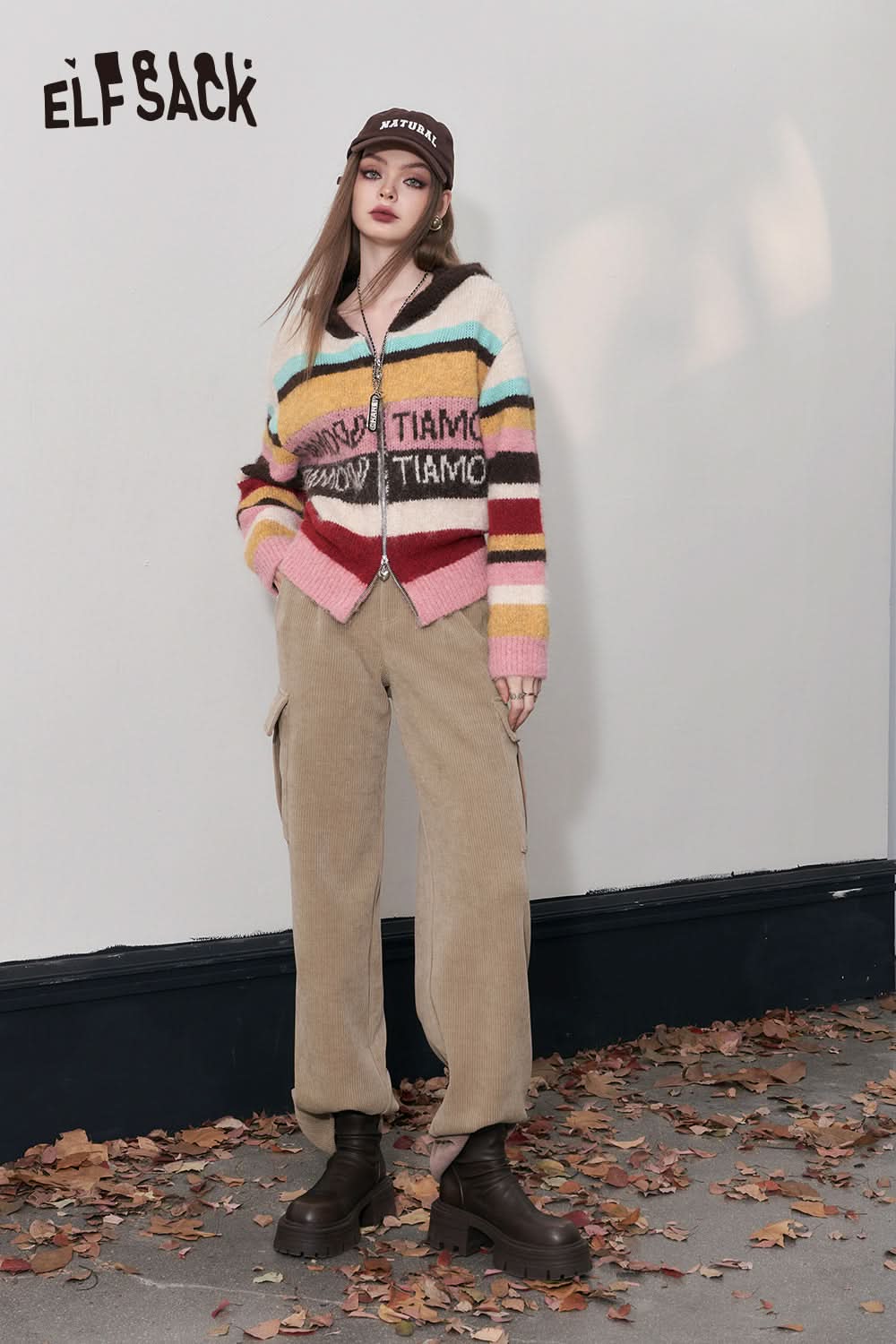 ELFSACK Kpop Corduroy Cargo Pants Women Straught Cool Trousers