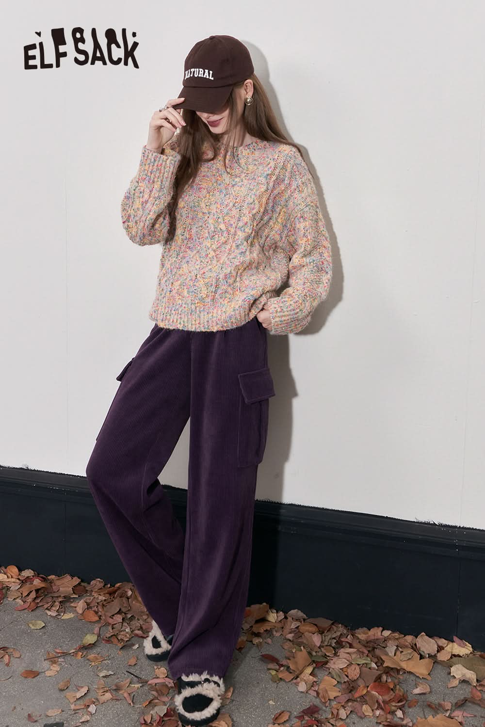 ELFSACK Kpop Corduroy Cargo Pants Women Straught Cool Trousers