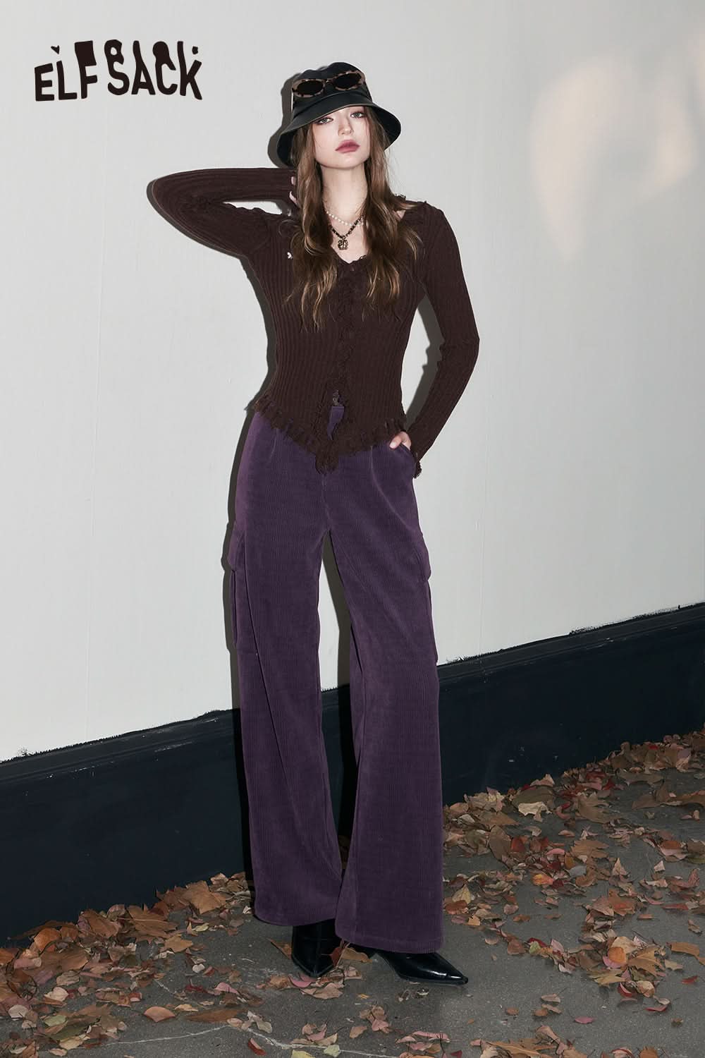 ELFSACK Kpop Corduroy Cargo Pants Women Straught Cool Trousers